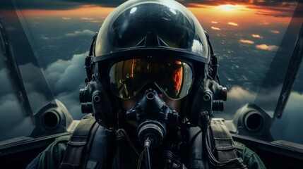 Fototapeta premium Fighter Pilot in flight wearing flying helmet, dark visor and oxygen mask