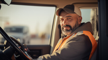 A truck driver with a serious expression, focused on safety, Truck driver, blurred background, with copy space - obrazy, fototapety, plakaty