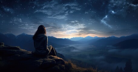 Serene mountain repose: girl finding tranquility in nature's embrace, panoramic relaxation amid breathtaking landscapes.