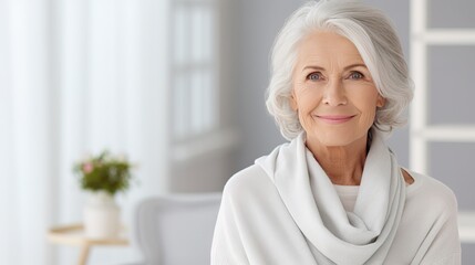 Smiling middle aged mature pensioner grey haired woman looking at camera. happy old lady posing at modern home indoor. positive single senior retired female in living room headshot portrait AI - obrazy, fototapety, plakaty
