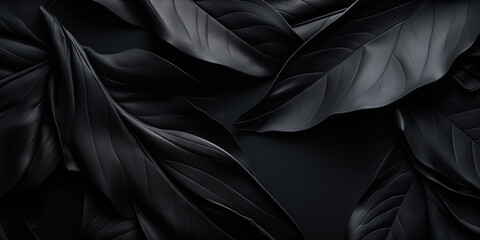 Textures of abstract black leaves for tropical leaf background. Flat lay, dark nature concept, tropical leaf, digital ai	 - obrazy, fototapety, plakaty