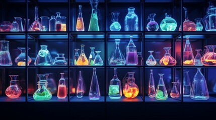 An ultra-modern, glass shelf filled with Halloween-themed scientific potion bottles. The bottles are sleek and contain bubbling, colorful liquids. - obrazy, fototapety, plakaty
