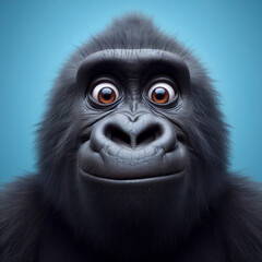 Obraz premium Closeup Funny Portrait of surprised gorilla with Huge Eyes on solid blue background, wide angle shot. ai generative