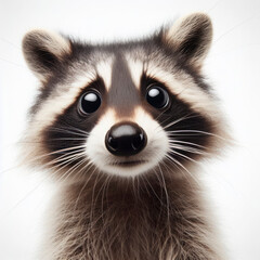 Closeup Funny Portrait of surprised raccoon with Huge Eyes on solid white background, wide angle shot. ai generative