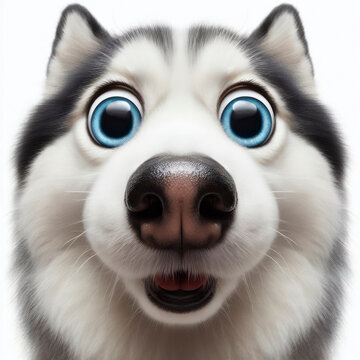 Photo Closeup Funny Portrait of surprised blue eyed Siberian Husky dog with Huge Eyes. ai generative