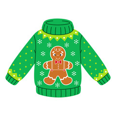 Christmas ugly sweater with gingerbread man and snowflakes. New Year funny jumper in cartoon flat style. Isolated festive winter clothes vector illustration on a white background for holiday design.