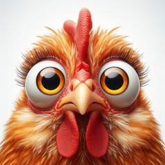 Closeup Funny Portrait of surprised chicken with Huge Eyes on solid white background, wide angle shot. ai generative