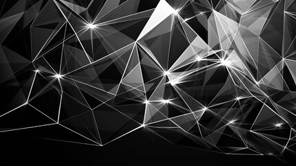 Black white abstract background. Geometric shape. Lines, triangles. 3d effect. Light, glow, shadow. Gradient. Dark grey, silver. Modern, futuristic. Design concept. Wallpaper concept. Abstract concept