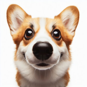 Closeup Funny Portrait of surprised corgi dog with Huge Eyes on solid white background, wide angle shot. ai generative