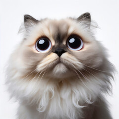 Closeup Funny Portrait of surprised himalaya cat with Huge Eyes on white background, wide angle shot. ai generative