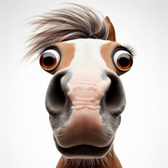 Obraz premium Closeup Funny Portrait of surprised horse with Huge Eyes on solid white background, wide angle shot. ai generative