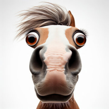 Closeup Funny Portrait of surprised horse with Huge Eyes on solid white background, wide angle shot. ai generative