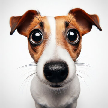Closeup Funny Portrait of surprised Jack russell dog with Huge Eyes, wide angle shot. ai generative