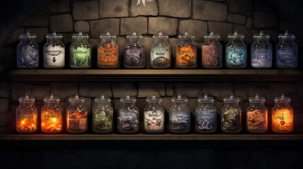 A shelf set against a stone wall, filled with Halloween apothecary jars made of frosted glass