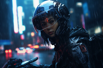 portrait of a girl in a motorcycle helmet against the backdrop of a night city, neon light and rain