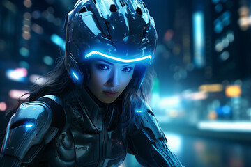 portrait of a girl in a motorcycle helmet against the backdrop of a night city, neon light and rain