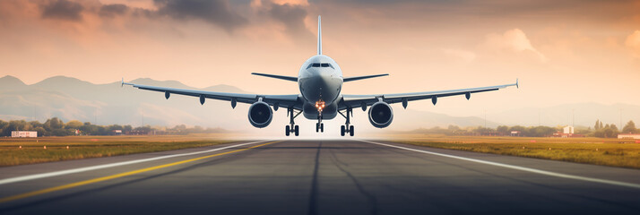 A commercial airplane landing on a runway. Banner image. Generative AI. - Powered by Adobe