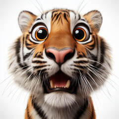 Obraz premium Closeup Funny Portrait of surprised tiger with Huge Eyes on solid white background, wide angle shot. ai generative