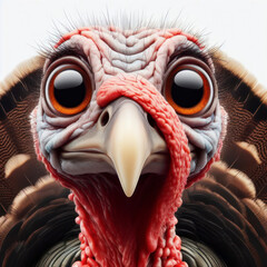 Closeup Funny Portrait of surprised turkey with Huge Eyes on solid white background, wide angle shot. ai generative