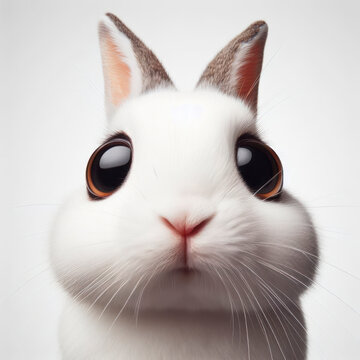 Closeup Funny Portrait of surprised rabbit with Huge Eyes on solid white background, wide angle shot. ai generative