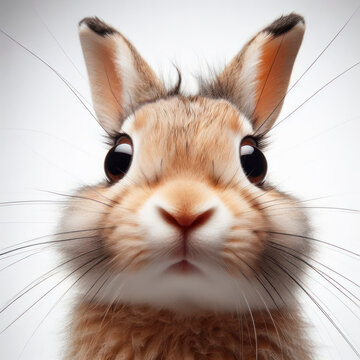 Closeup Funny Portrait of surprised rabbit with Huge Eyes on solid white background, wide angle shot. ai generative