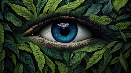 un œil ouvert sur un fond de feuilles vertes - illustration  - obrazy, fototapety, plakaty