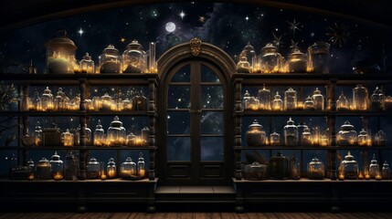 A shelf in a moonlit room, displaying Halloween apothecary jars with a celestial theme