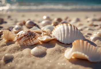 Fototapeta na wymiar Seashells on seashore - beach holiday background