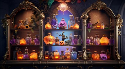 A luxurious, baroque-style shelf adorned with lavish Halloween potion bottles