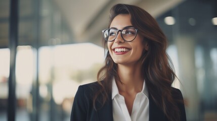 Young happy cheerful professional business woman, happy laughing female office worker wearing glasses looking away, copy space, 16:9