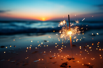Sparklers On The Beach as Close Up with Blurry Background, Romantic, New Year, Celebration