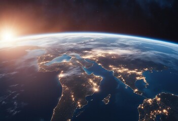 Blue sunrise view of earth from space - obrazy, fototapety, plakaty