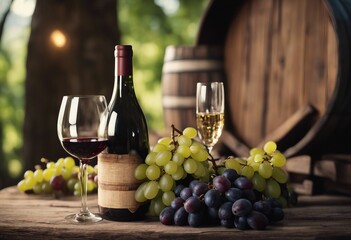Bottles And Wineglasses With Grapes And Barrel In Rural Scene