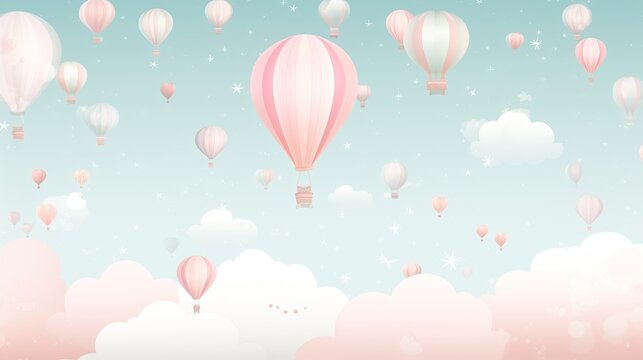 Fototapeta Fundo infantil, lindo papel de parede de céu com balões e nuvens para bebês e crianças.