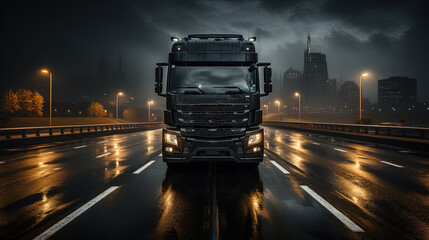 A Trucks Run On Highway At Night in Rainy Weather on Blurry Background - obrazy, fototapety, plakaty