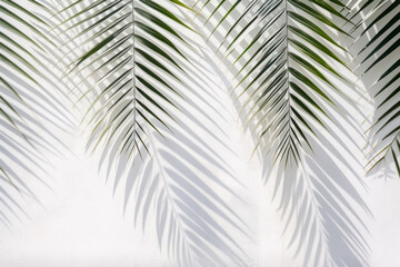 Abstract shadow of palm leaves on white concrete wall,  texture background.
