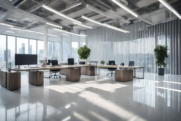 A contemporary office space in muted grays and whites with modern furnishings