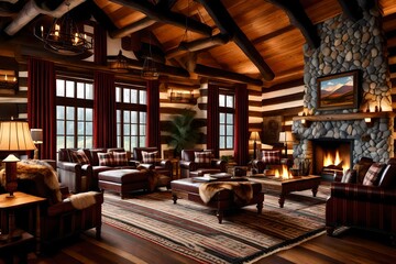 A classic mountain lodge interior with plaid upholstery and fur accents - obrazy, fototapety, plakaty