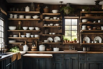 A rustic kitchen with open shelving, vintage ceramics, and a farmhouse sink