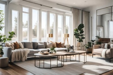 An open-concept living space with a neutral color palette and clean-lined furniture