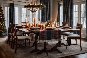 A winter-themed dining room with plaid tablecloth and fur seat covers