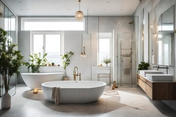 A serene bathroom with neutral tiles, a freestanding bathtub, and subtle accents