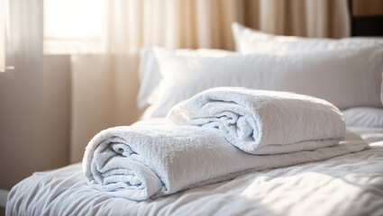 White fresh clean towels on the bed soft