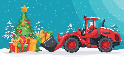 Santa Claus driving front loader carrying gifts to a Christmas tree. Christmas winter landscape with snow. Celebrating the beginning of a happy new year. Heavy machinery in the construction industry