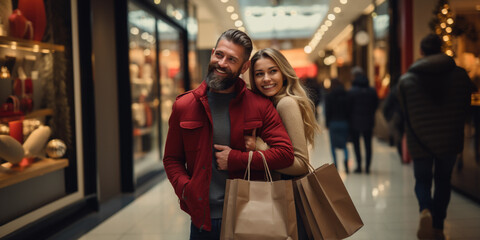 Two people couple man and woman happy ehcited holding shopping paper bags, pleased with mall discounts, good purchases. Indoor studio shot. Shopping and sale concept. Black friday. - obrazy, fototapety, plakaty