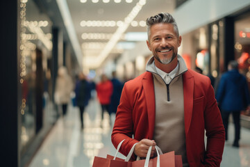 Happy extremely satisfied muscled man in white shirt holding shopping paper bags, pleased with mall discounts, good purchases. Indoor studio shot. Shopping and sale concept. Black friday. - obrazy, fototapety, plakaty