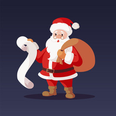 Santa Claus character with bag reads letters with Christmas wishes. For Christmas cards, banners, tags and labels. Holiday cartoon character