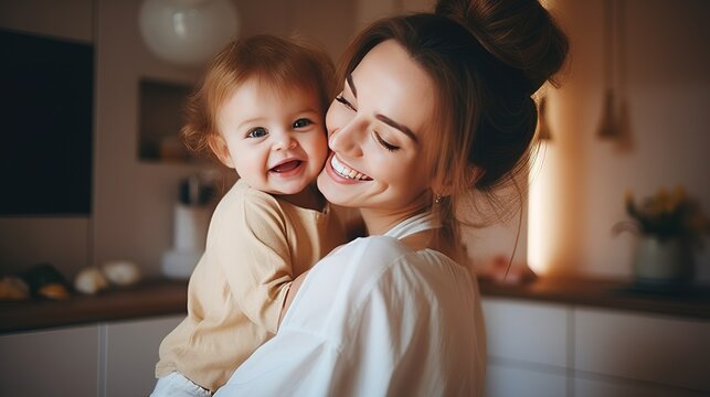Attractive young woman mother with little cute baby girl are spending time together at home. Happy family concept. Mother's day. AI.