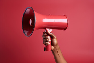  Important announcement news significant messages sale discount concept. Pink megaphone loudspeaker in African American woman's hand on studio plain background. Empty space place for text, copy paste