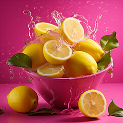Fresh Lemons in a Pink Bowl with a Vivid Pink Background  Summery Juicy Generative AI